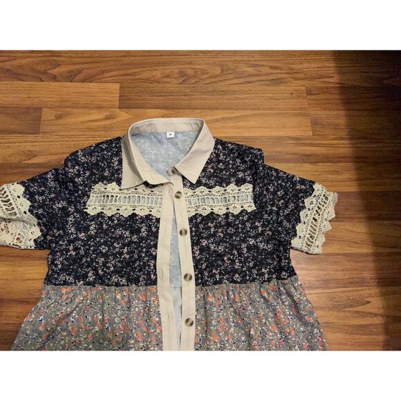 Boho Patchwork Floral Button Down Blouse Medium Crochet Lace Trim Tunic Top Cott - Picture 7 of 10